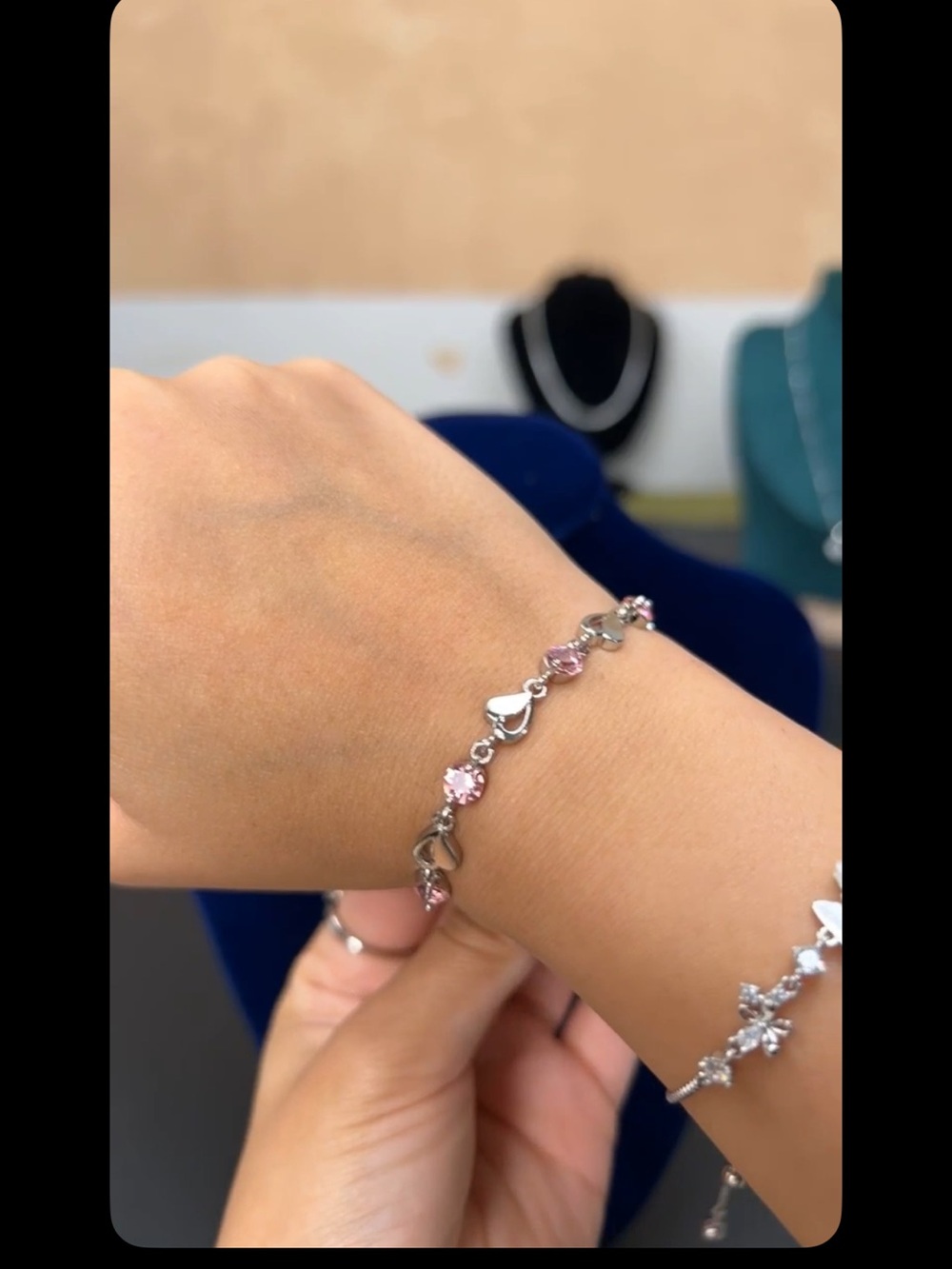 ๐ 925 Sterling Silver Pink Gemstone & Heart Bracelet โ 7โ